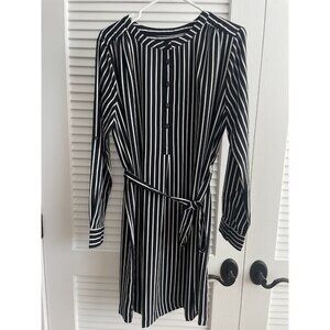 Ann Taylor Outlet Dress Black White Striped Long Sleeve Tie Waist Dress Sz L
